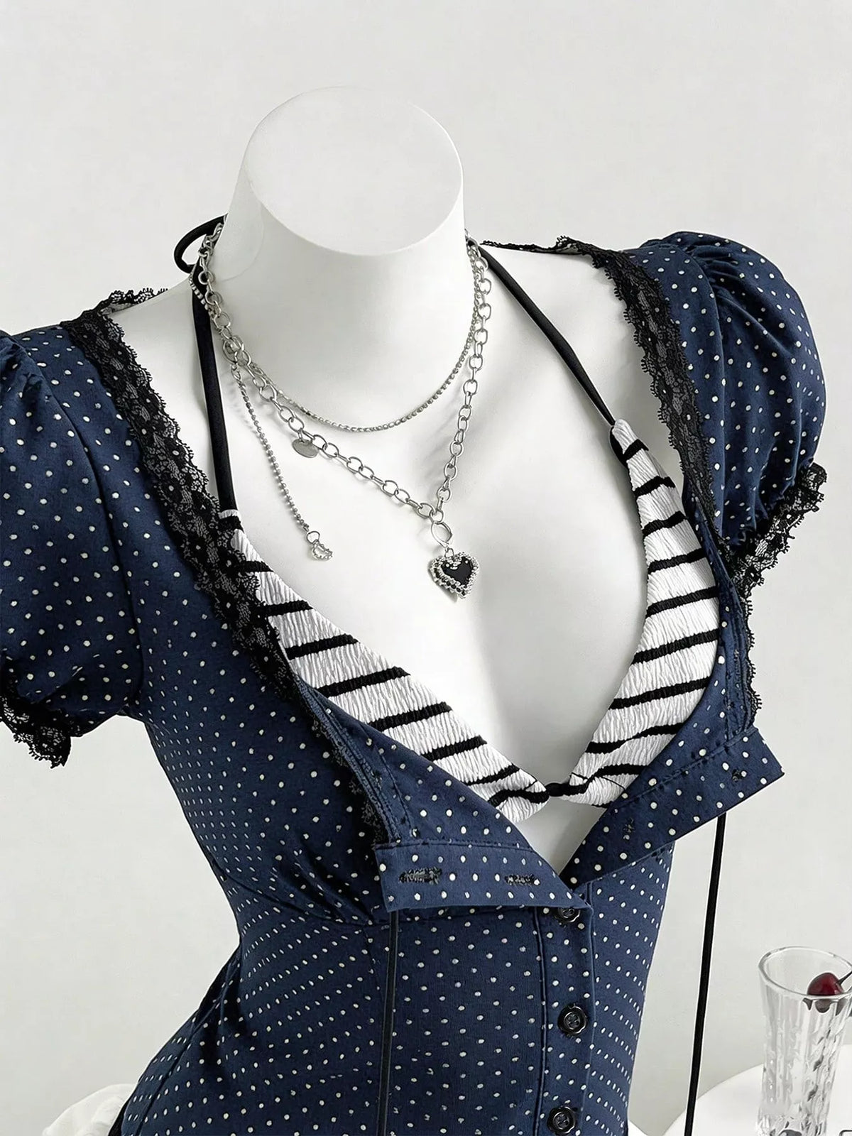 Polka Dot Lace Trim Puff Sleeve Top