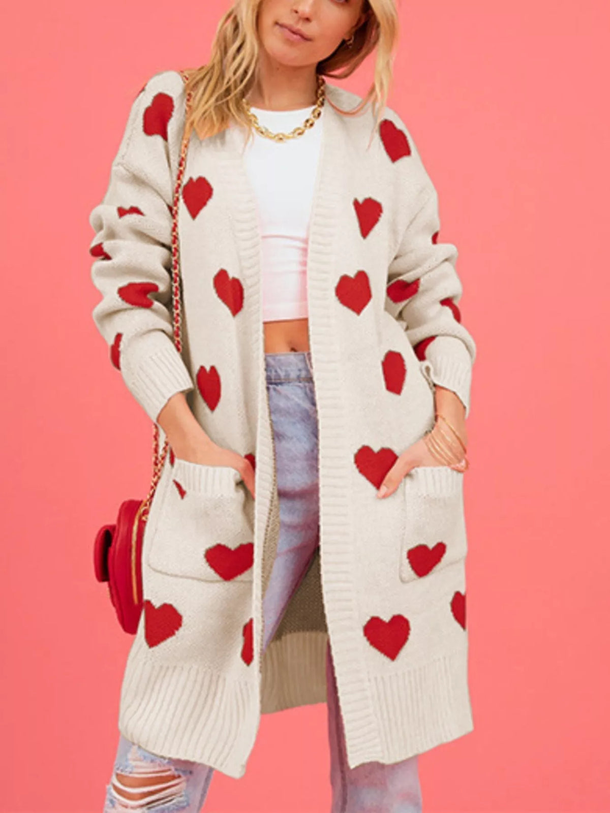 Heart Pattern Open Front Longline Cardigan