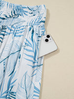 Tropical Print Shirred Waistband Wide Leg Pants