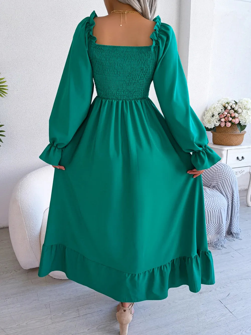 Smocked Square Neck Flounce Sleeve Dress - Ladyez