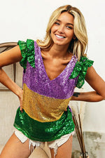 BiBi Mardi Gras Sequin Color Block RuffledTop