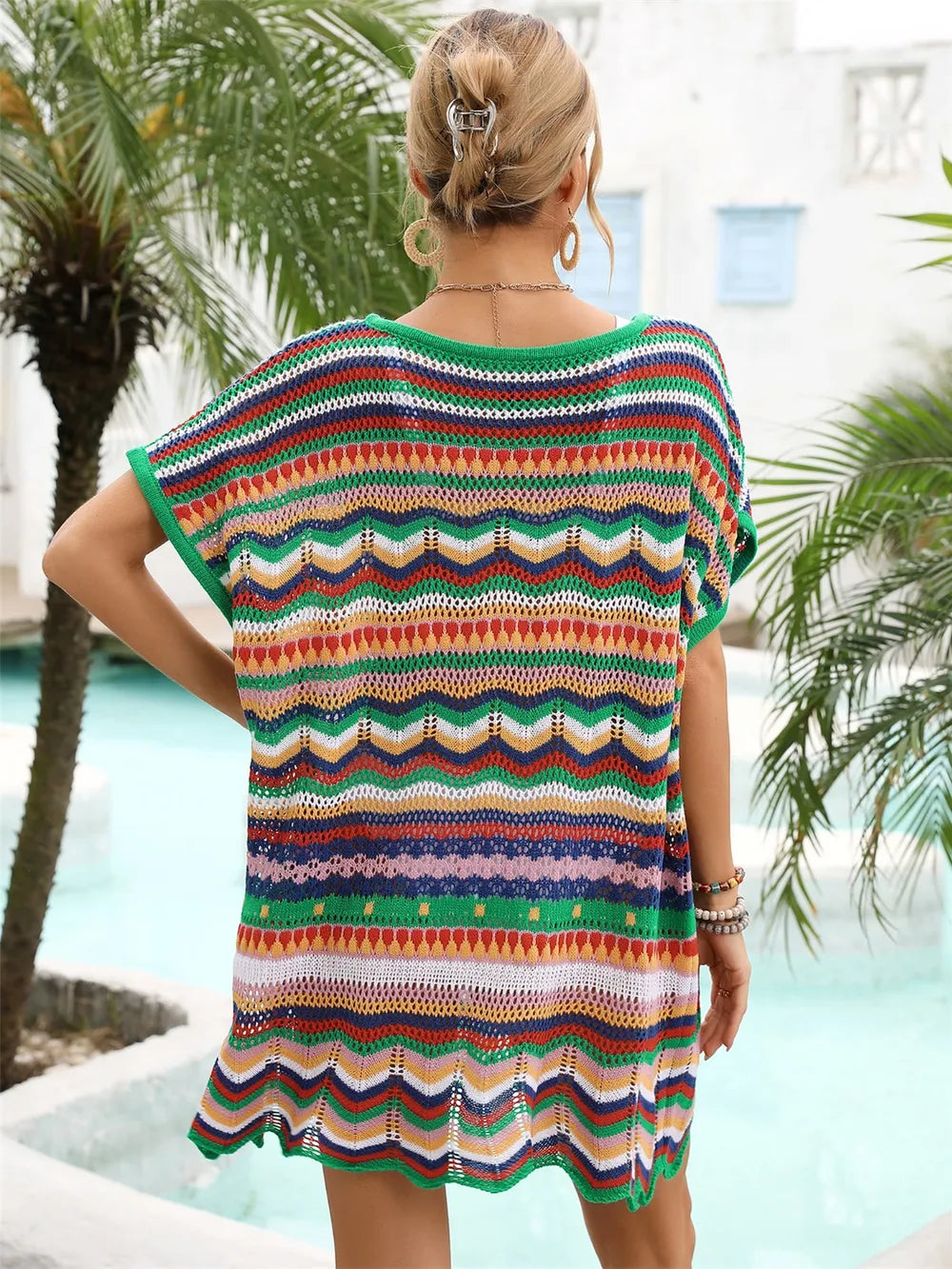 Angel Wings Rainbow Stripe Scalloped V-Neck Cover-Up Dress - Ladyez