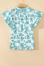 Floral Meets Stripes V Neck Flutter Sleeve Blouse