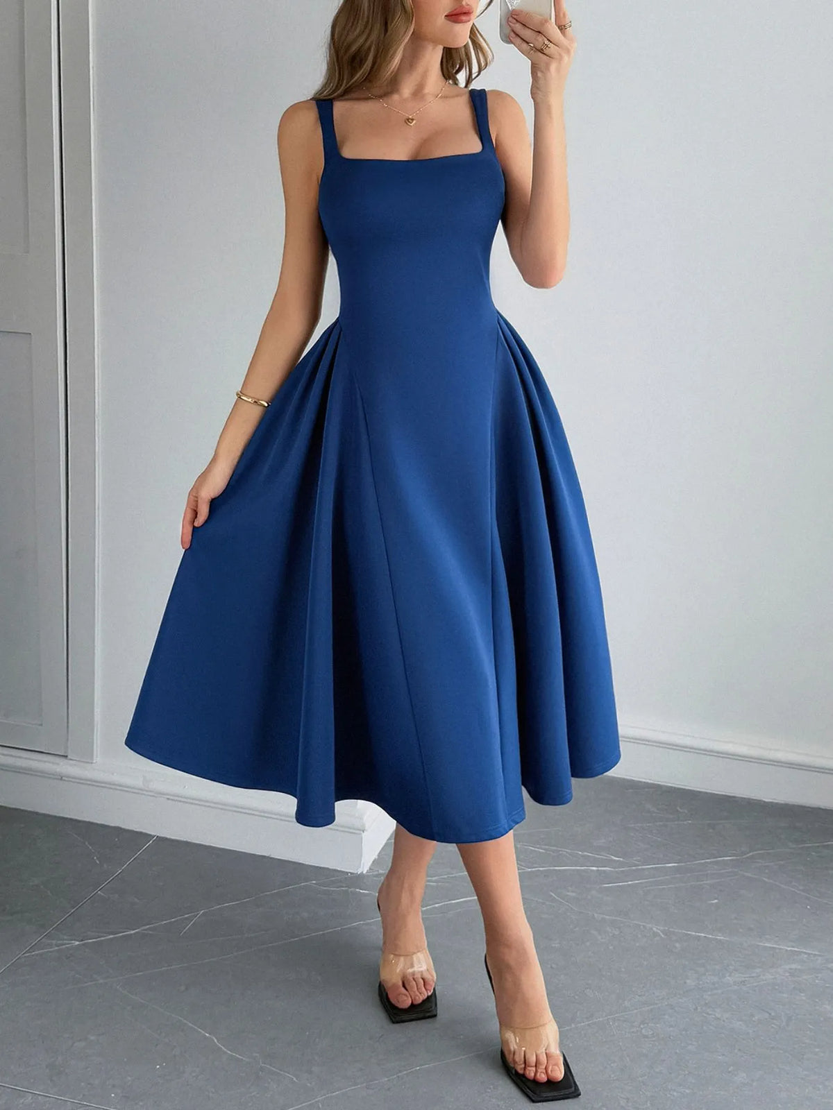 Square Neck Wide Strap Midi Dress - Ladyez