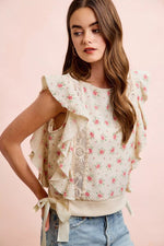 BiBi Flower Printed Ruffle Sleeve Trim Detail Top