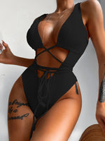 Ribbed Lace Up One-Piece Swimsuit - Ladyez