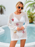 Angel Wings Sequin Star Round Neck Long Sleeve Cover Up - Ladyez