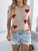 Heart Pattern Round Neck Short Sleeve Sweater