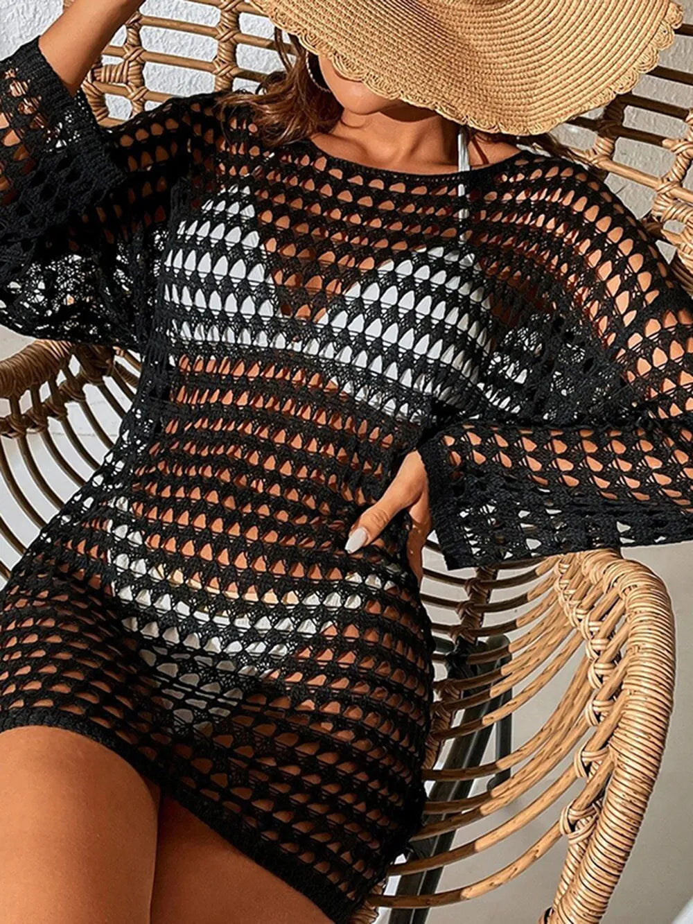 Openwork Boat Neck Long Sleeve Cover-Up - Ladyez
