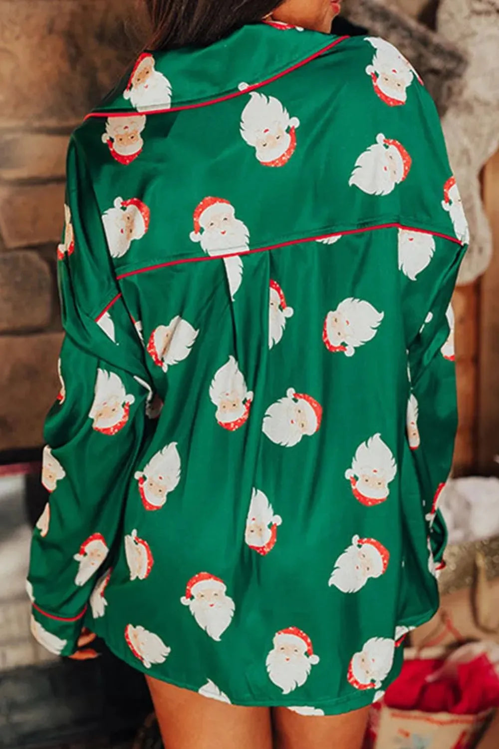 Santa Collared Neck Long Sleeve Top and Shorts Lounge Set - Ladyez