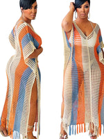 Striped Crochet Cover-Up Dress with Fringe