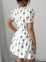 Smocked Bow Print Short Sleeve Dress