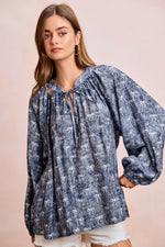 BiBi Ribbon Bow Print Exaggerated Balloon Sleeves Top