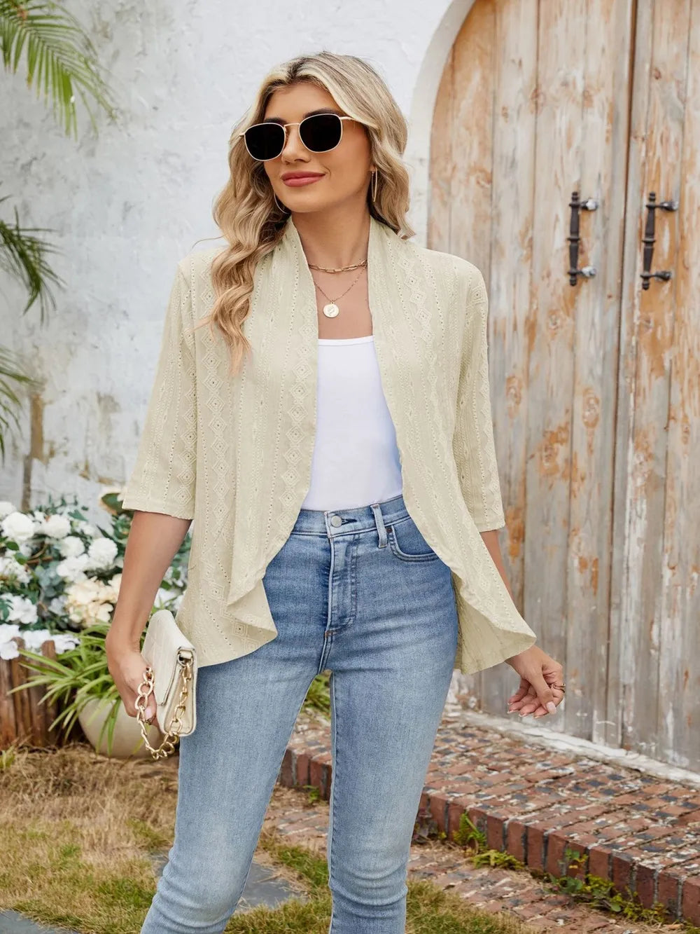 Eyelet Open Front Three-Quarter Sleeve Top