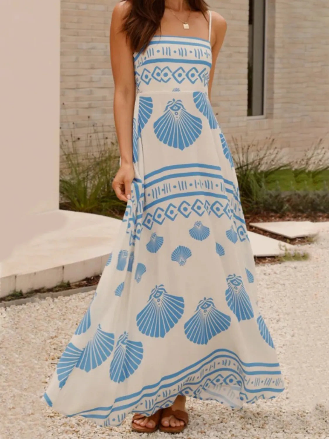 Seashell Print Spaghetti Strap Maxi Dress - Ladyez