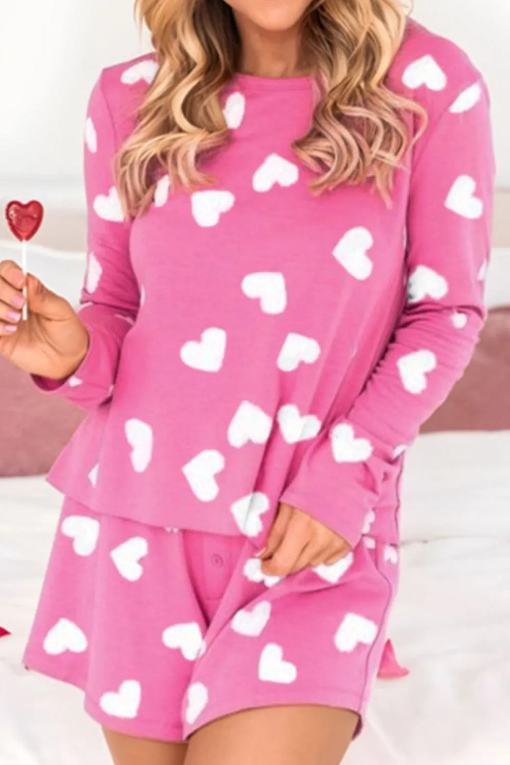 Heart Round Neck Long Sleeve Top and Elastic Waist Shorts Set - Ladyez