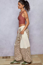 POL Drawstring Quilted Printed Knit Floral Pants with Double Gauze Patchwork
