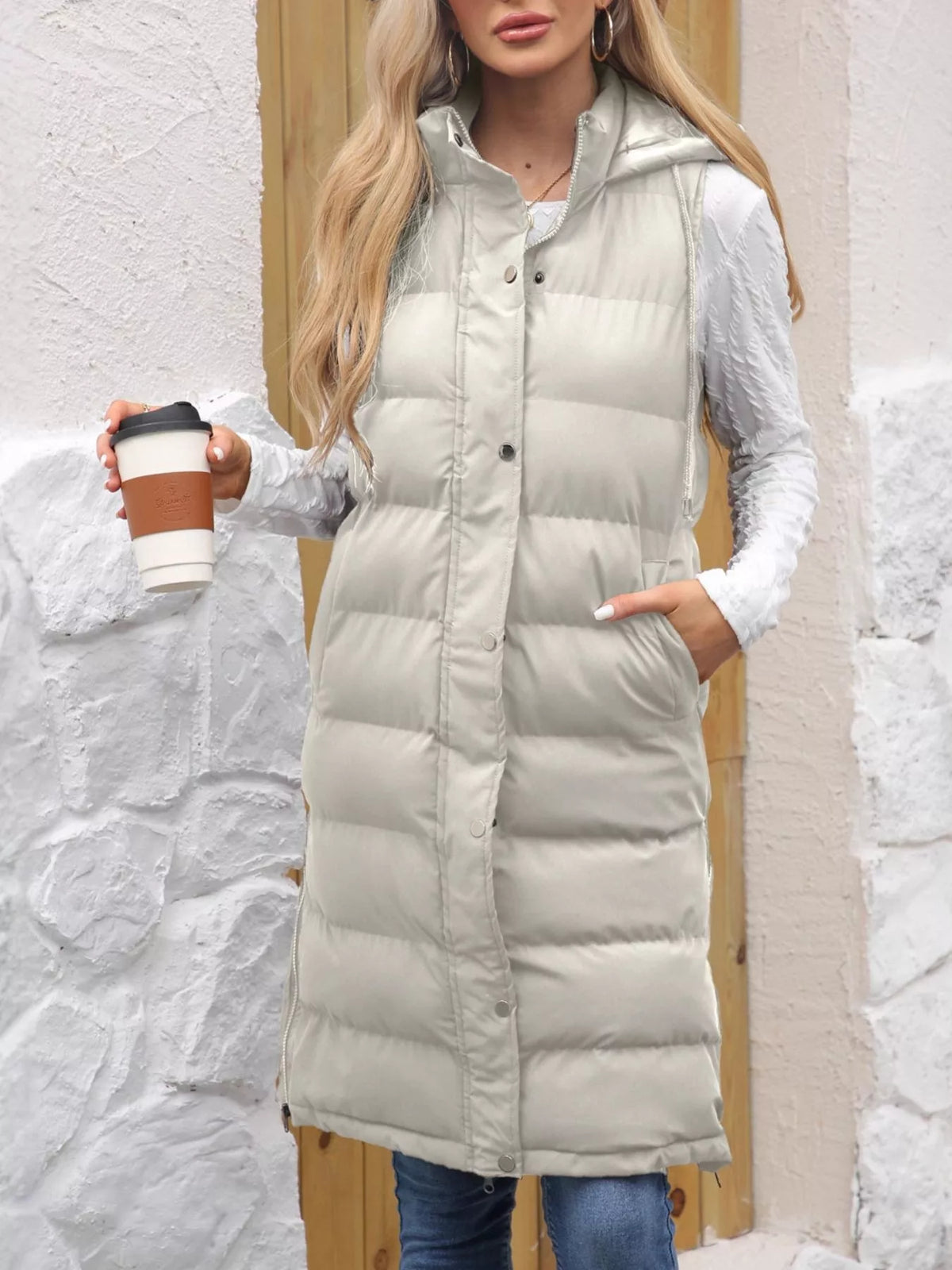 Full Size Snap Down Hooded Padded Longline Vest Coat Plus Size
