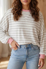 Twisted Rib Trim Striped Round Neck Loose Pullover Sweatshirt