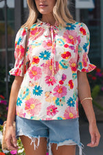 Floral Print Ruched Short Sleeve Blouse
