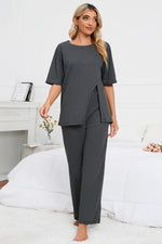 Slit Round Neck Top and Pants Lounge Set - Ladyez