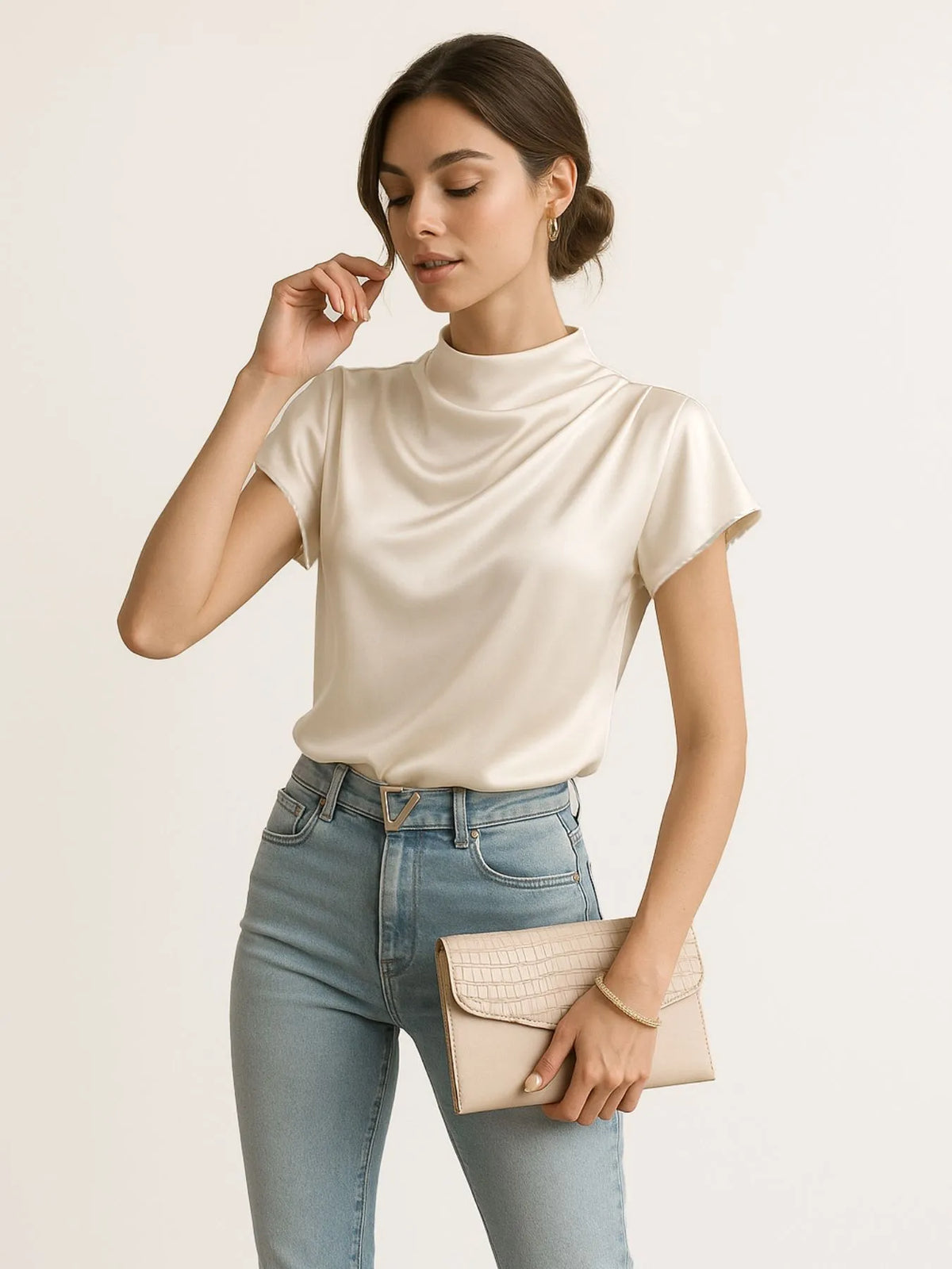 Mock Neck Short Sleeve Satin Blouse