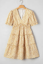 Floral Short Sleeve Surplice Frilly Tiered Mini Dress