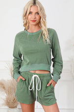 Round Neck Long Sleeve Top and Drawstring Shorts Lounge Set - Ladyez