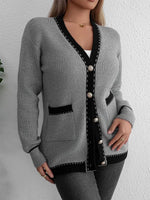 Contrast Trim Button Up Long Sleeve Cardigan