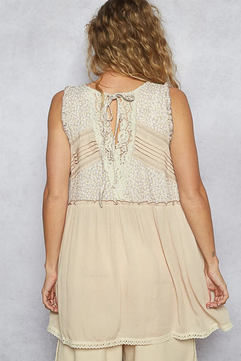 POL Lace Detail Keyhole Tank Top with Crochet Trim - Ladyez