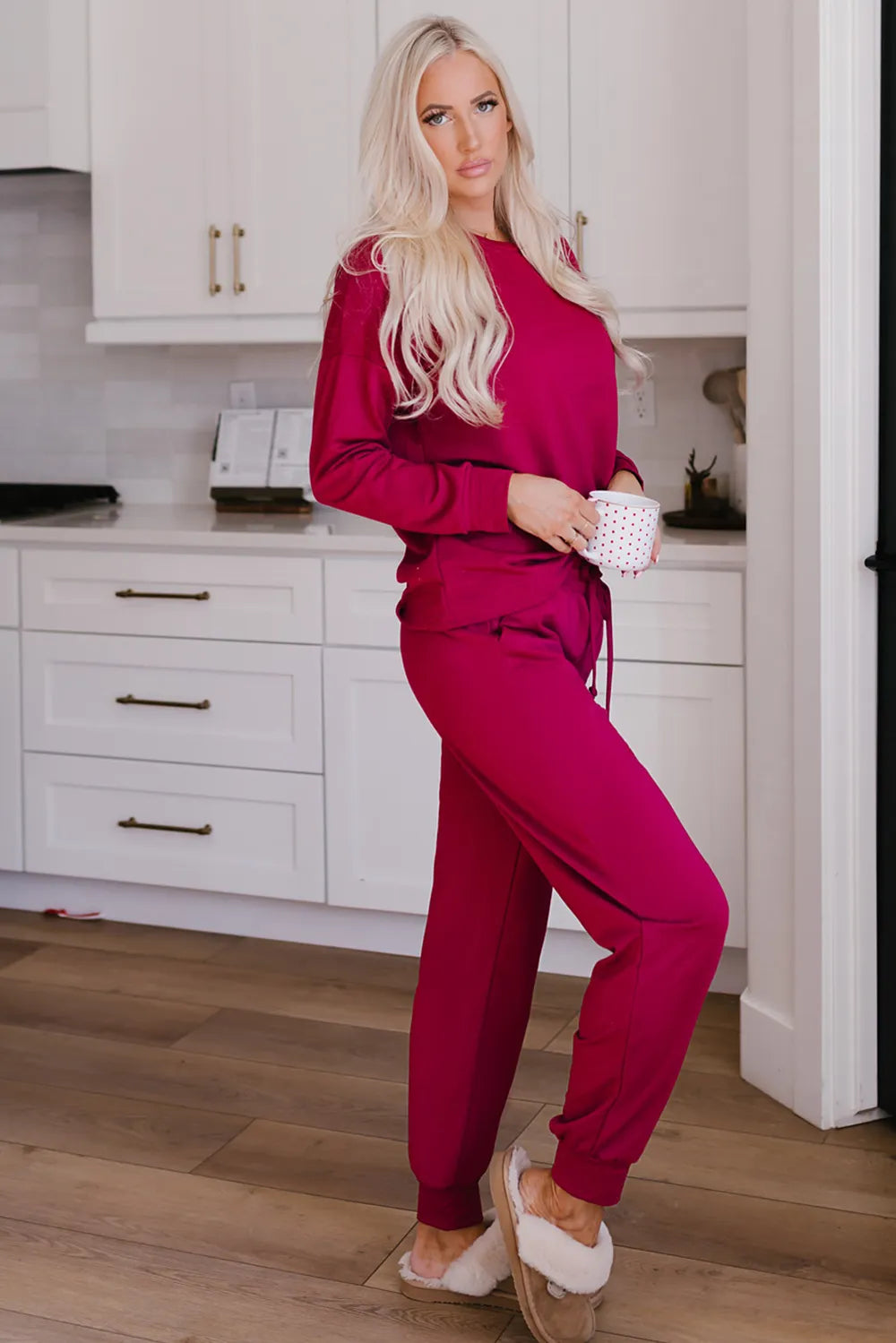 Round Neck Top and Drawstring Pants Lounge Set - Ladyez