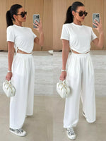 Drawstring Crop Top and Wide-Leg Pants Set