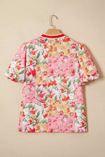 Contrast Collared V Neck Short Sleeve Floral Blouse