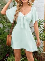 Smocked Back Knotted Flutter Sleeve Dress - Ladyez