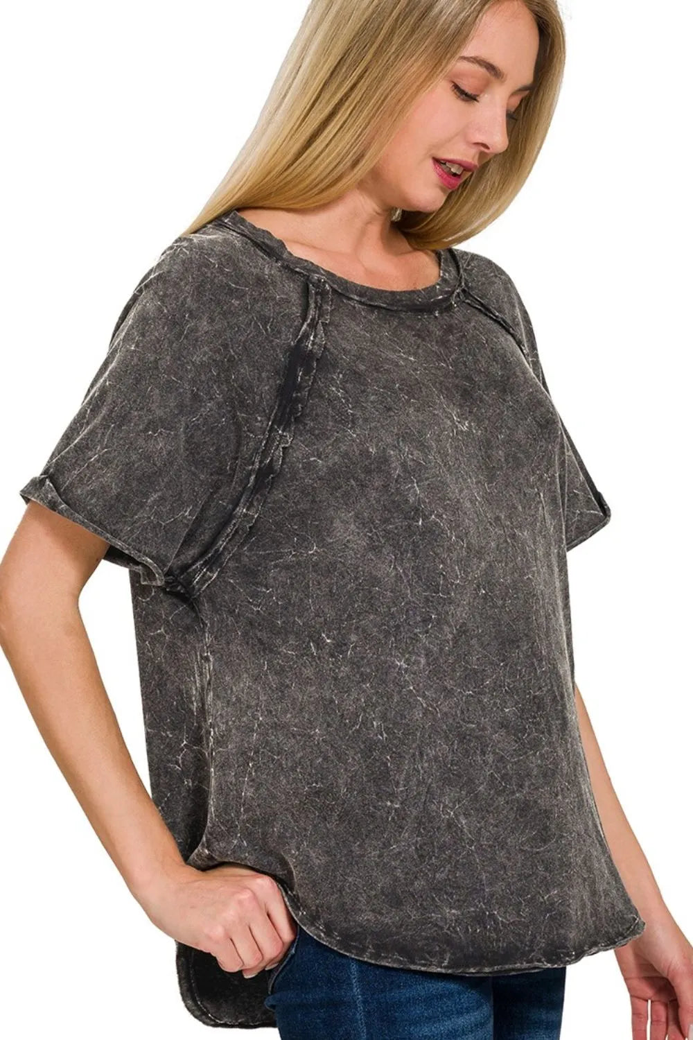 Zenana Back Patch Crinkle Washed Raglan Sleeve T-Shirts - Ladyez