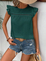 Eyelet Round Neck Cap Sleeve Top