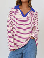 Striped Contrast Collar Long Sleeve Top