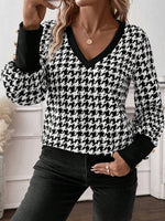 Houndstooth V-Neck Long Sleeve T-Shirt - Ladyez