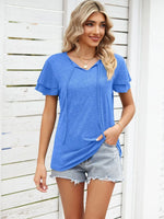Ruffle Sleeve Keyhole Tie Neck T-Shirt