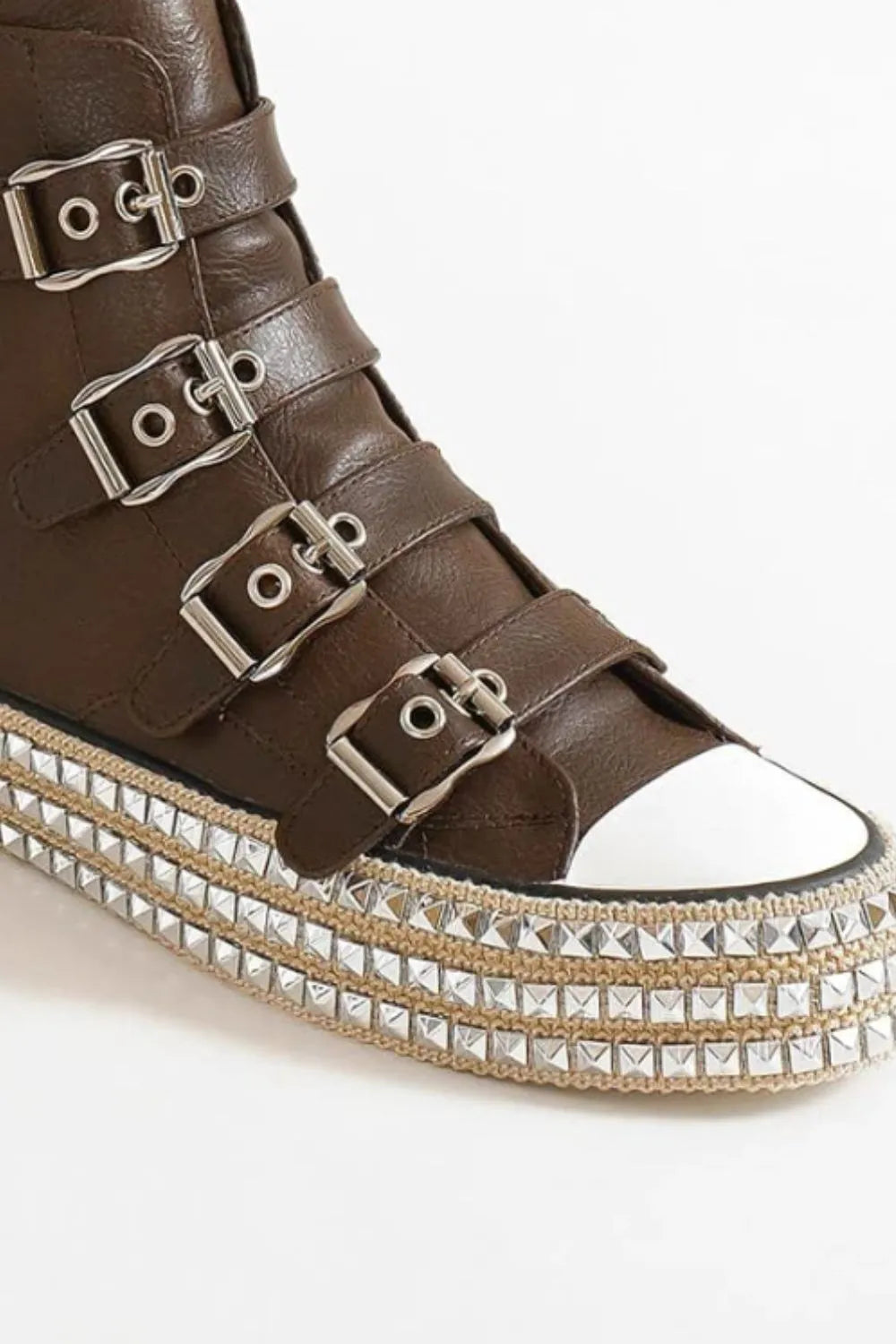 Beast Fashion Multi-Buckle Straps Studded Platform Sneakers - Ladyez