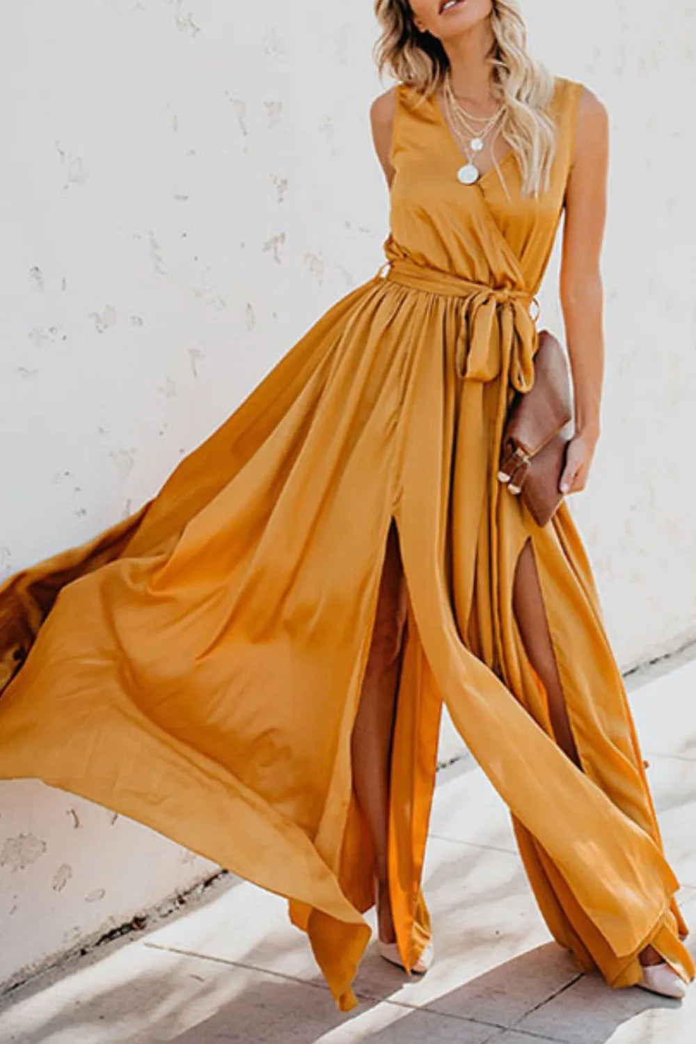 Surplice Tie Waist Maxi Dress - Ladyez