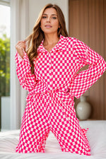 Checkered Button Up Top and Pants Lounge Set - Ladyez