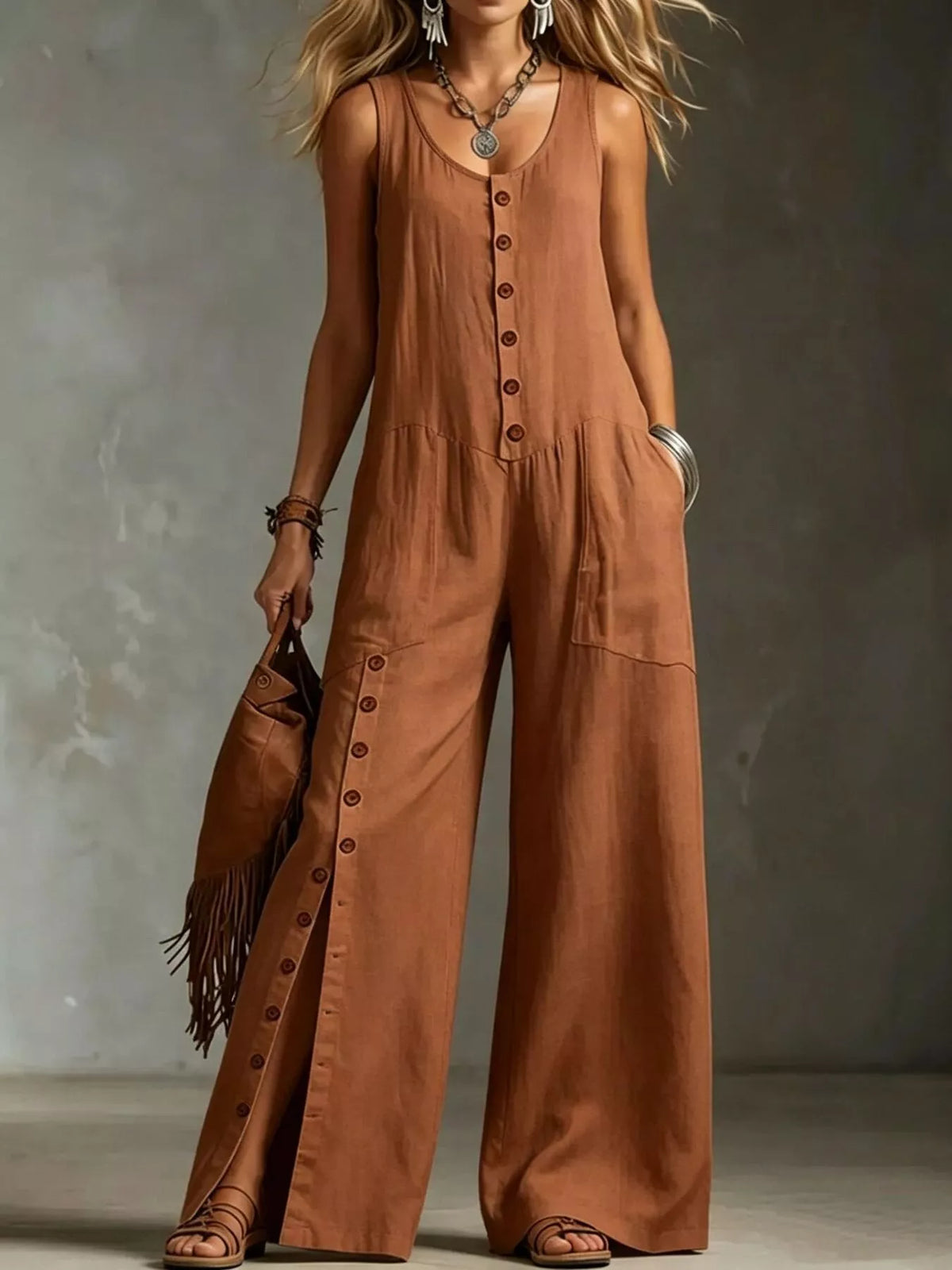 Full Size Sleeveless Button-Down Wide-Leg Jumpsuit Plus Size