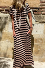 Stripe Casual Round Neck Tee Dress with Pockets