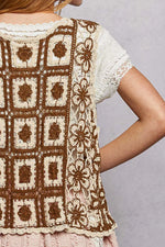 POL Tie Front Floral Pattern Crochet Vest with Scalloped Edge