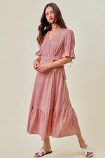 SO ME Stripe Textured Short Sleeves Lined Wrap Midi Dres