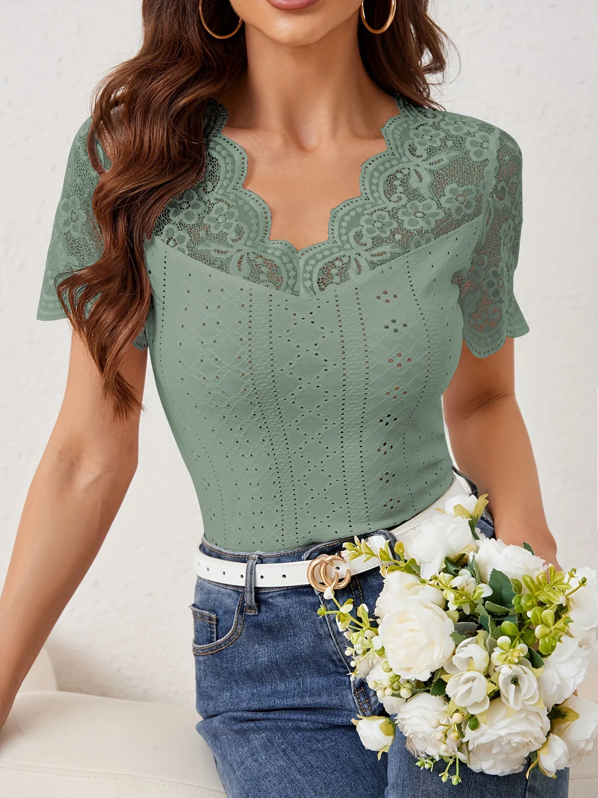 Lace Trim Eyelet Embroidered Summer T-Shirt - Ladyez