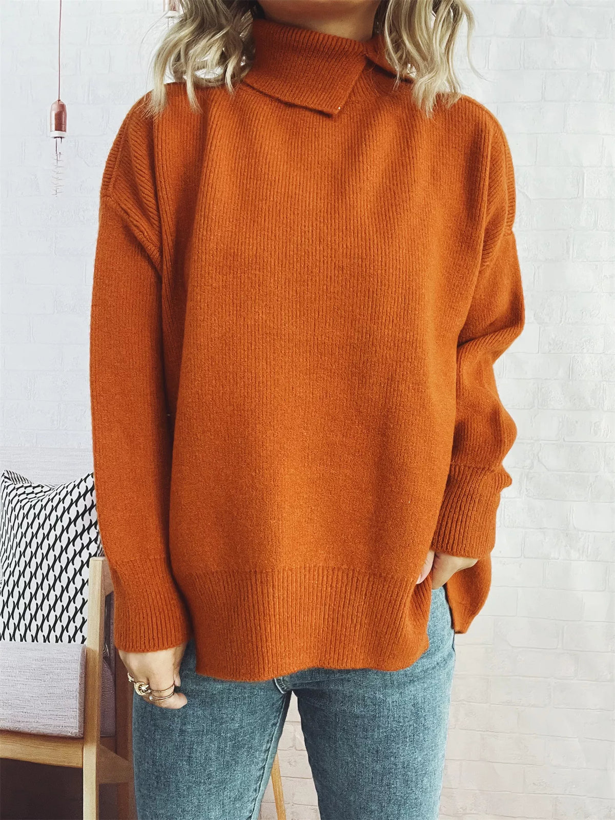 Slit Turtleneck Long Sleeve Sweater