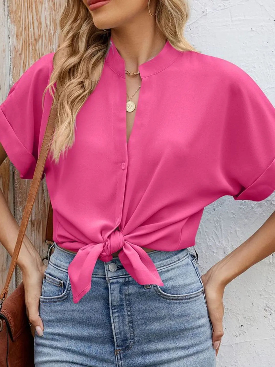 Notched Short Sleeve Blouse