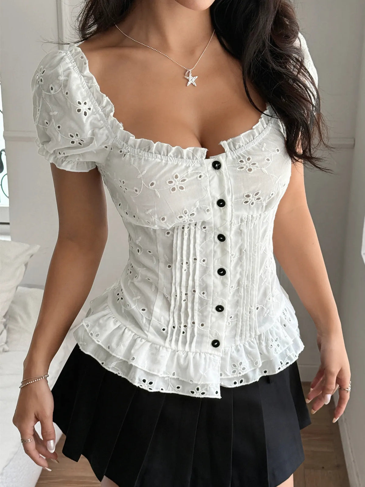 Eyelet Lace Short Sleeve Blouse - Ladyez